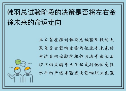 韩羽总试验阶段的决策是否将左右金徐未来的命运走向