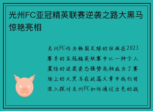 光州FC亚冠精英联赛逆袭之路大黑马惊艳亮相