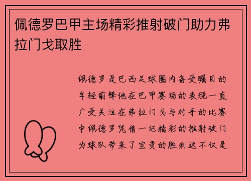 佩德罗巴甲主场精彩推射破门助力弗拉门戈取胜 佩德罗巴甲主场精彩推射破门助力弗拉门戈取胜